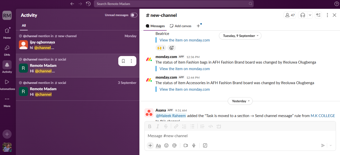 Team Communication Sample -Slack Workspace